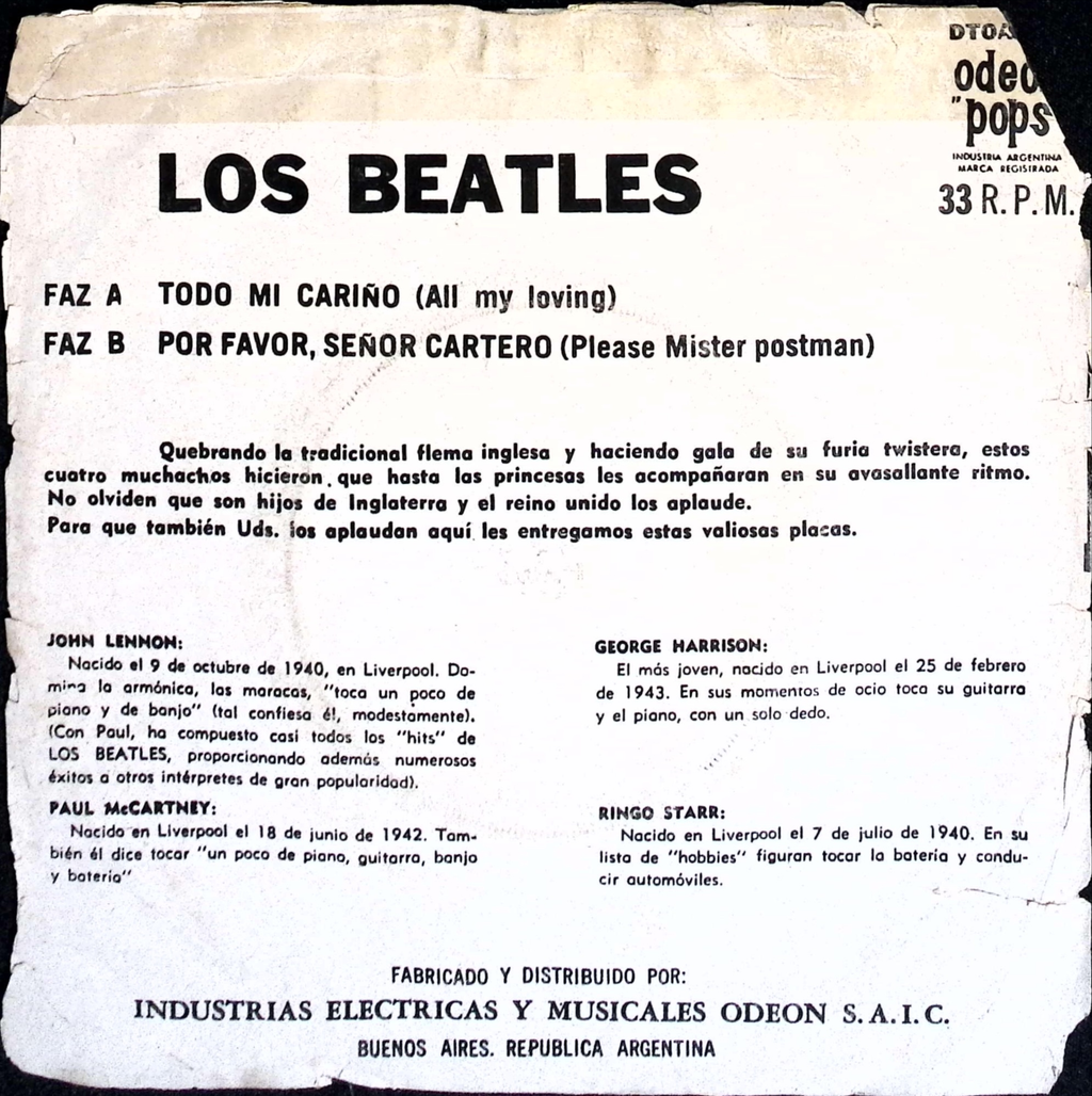 The Beatles - Todo Mi Cariño / Por Favor Señor Cartero (Argentina)