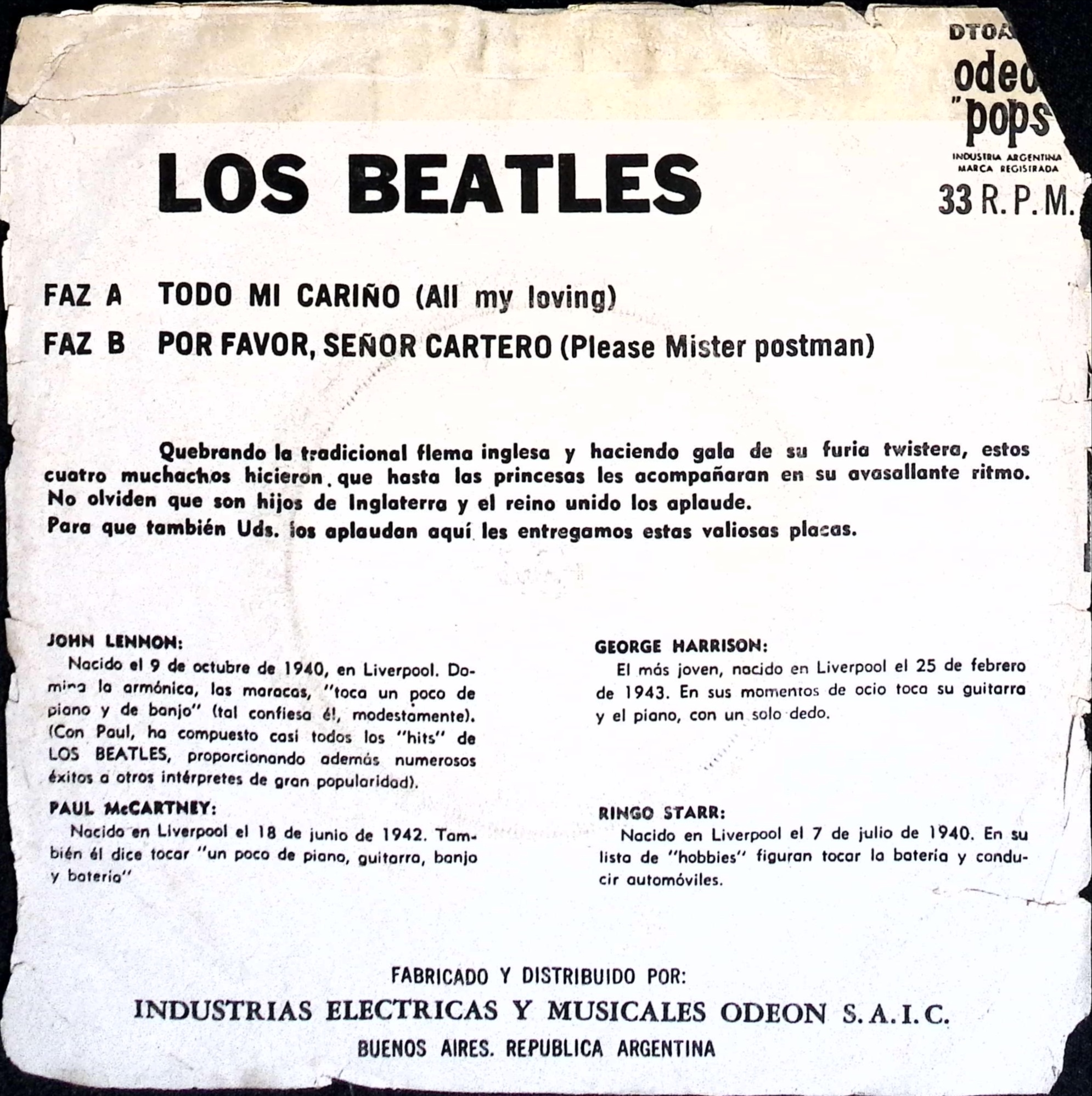The Beatles - Todo Mi Cariño / Por Favor Señor Cartero (Argentina)