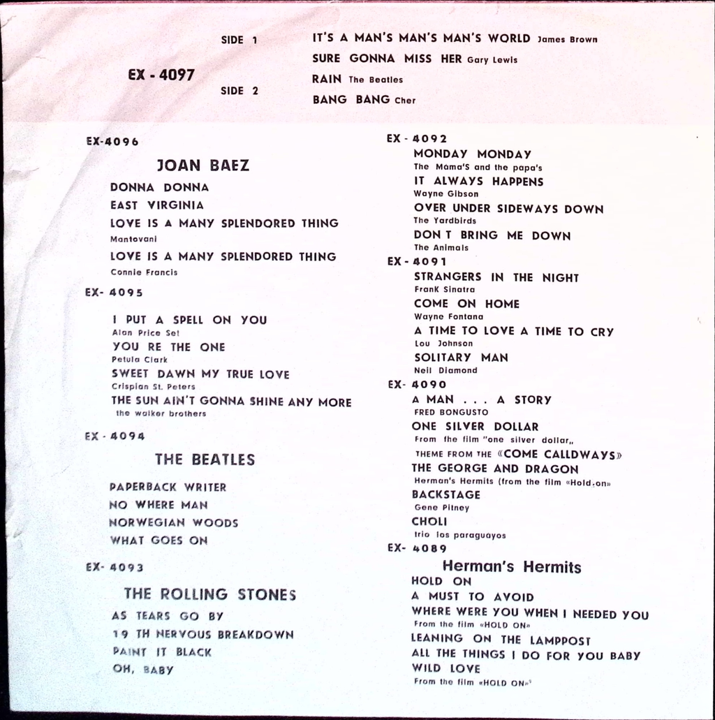 The Beatles - The Beatles: Rain / Cher: Bang Bang / James Brown: It's A Man's Man's World / Gary Lewis: Sure Gonna Miss Her (Iran)