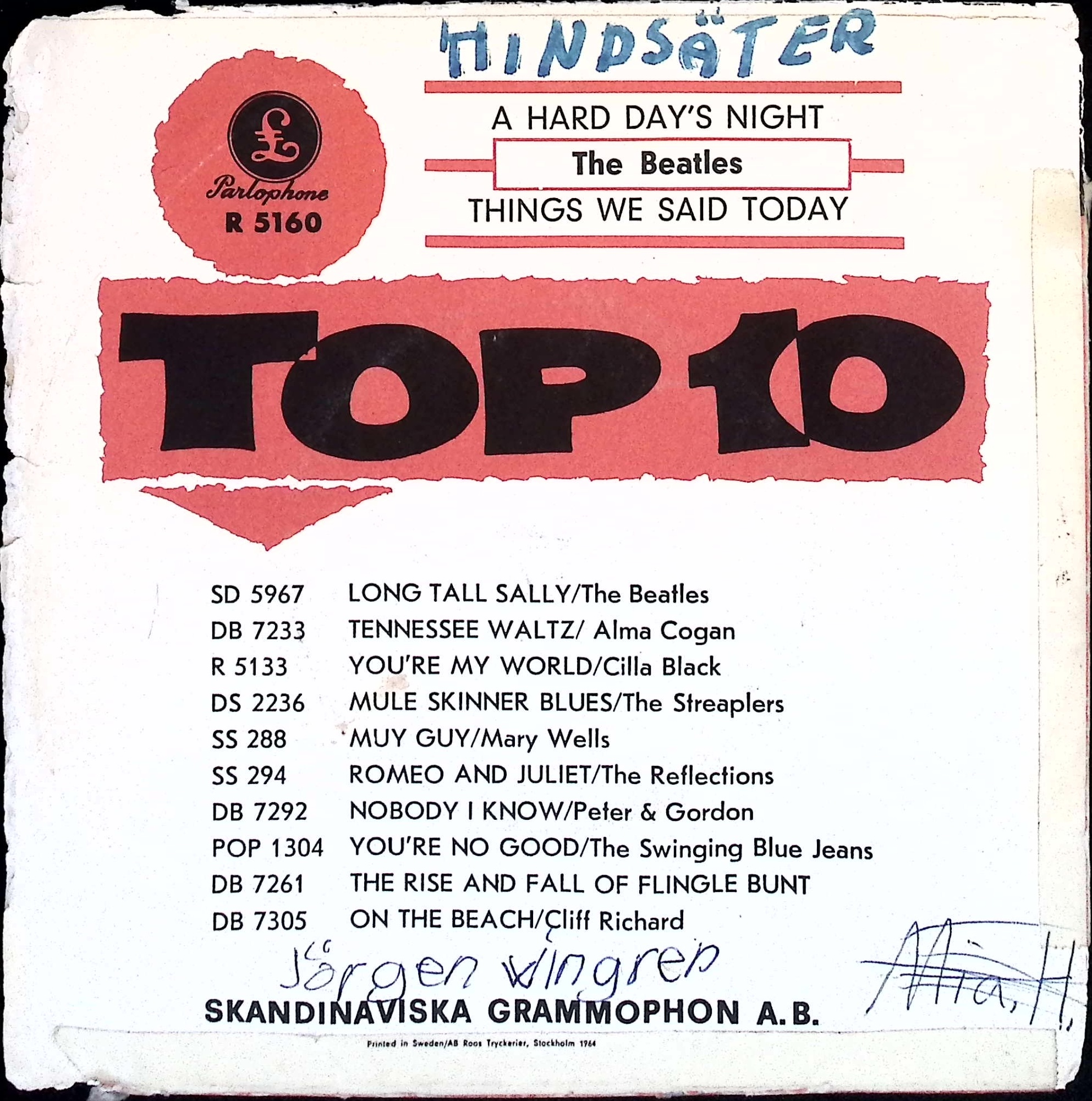 The Beatles - A Hard Day's Night / Things We Said Today (Sweden)